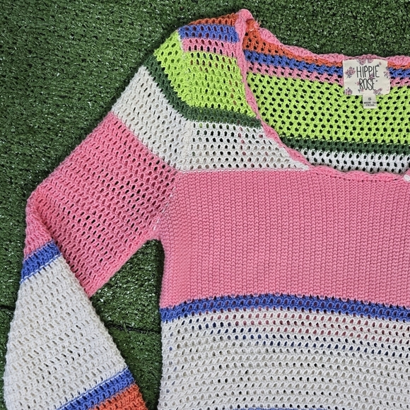 Hippie Rose | cropped open knit crocheted bell sleeve colorful boho sweater - Picture 9 of 16